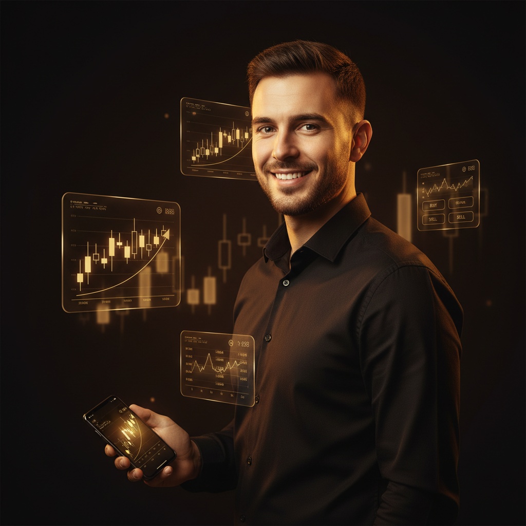 Trader using the SYNK Markets platform on a phone with live charts